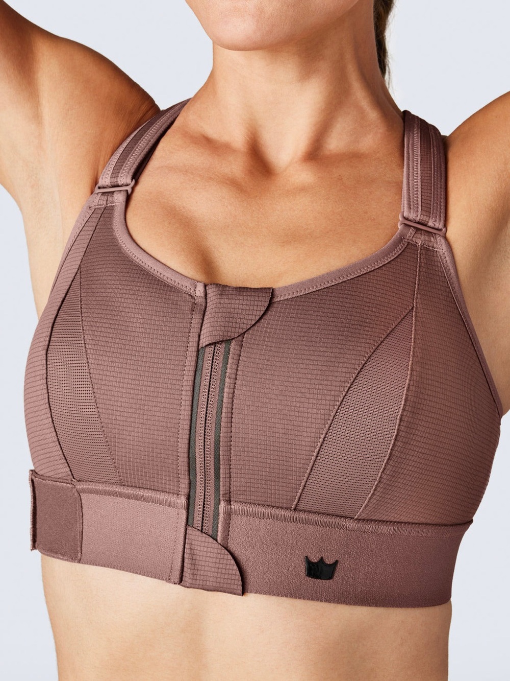 SHEFIT Women's Full Support Front-Zip Sports Bra in Mauve Brown